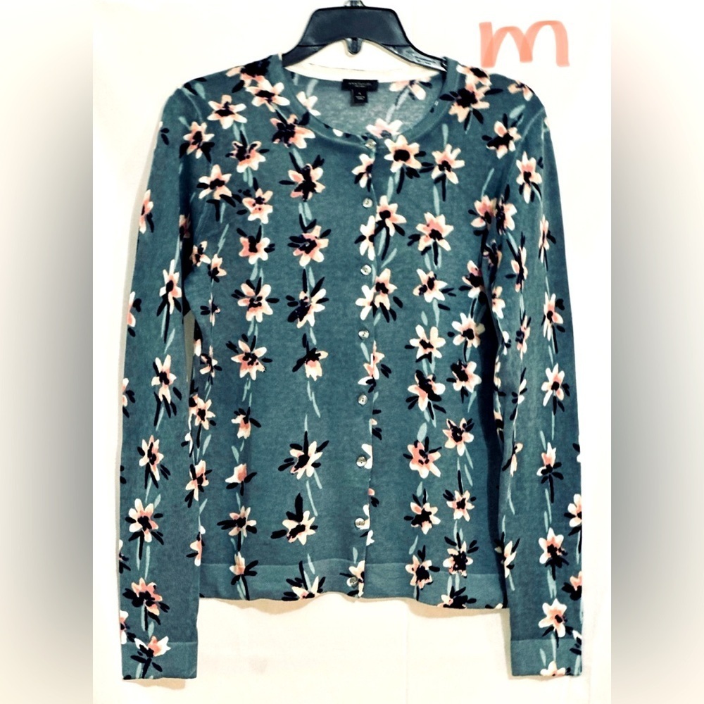 LADIES CADET COLORED CARDIGAN WITH PINK FLOWERS